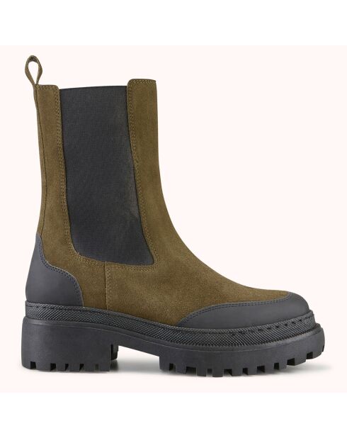 Chelsea boots en Cuir et Velours de Cuir Fioro kaki - Talon 5 cm